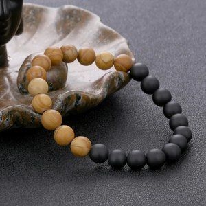 Unisex 8mm Matte Black & Brown Stone Beaded Color Block Stretch Bracelet NEW